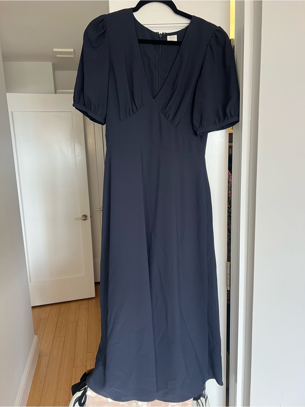 Aritzia Navy V-Neck Midi Dress with Puff Sleeves